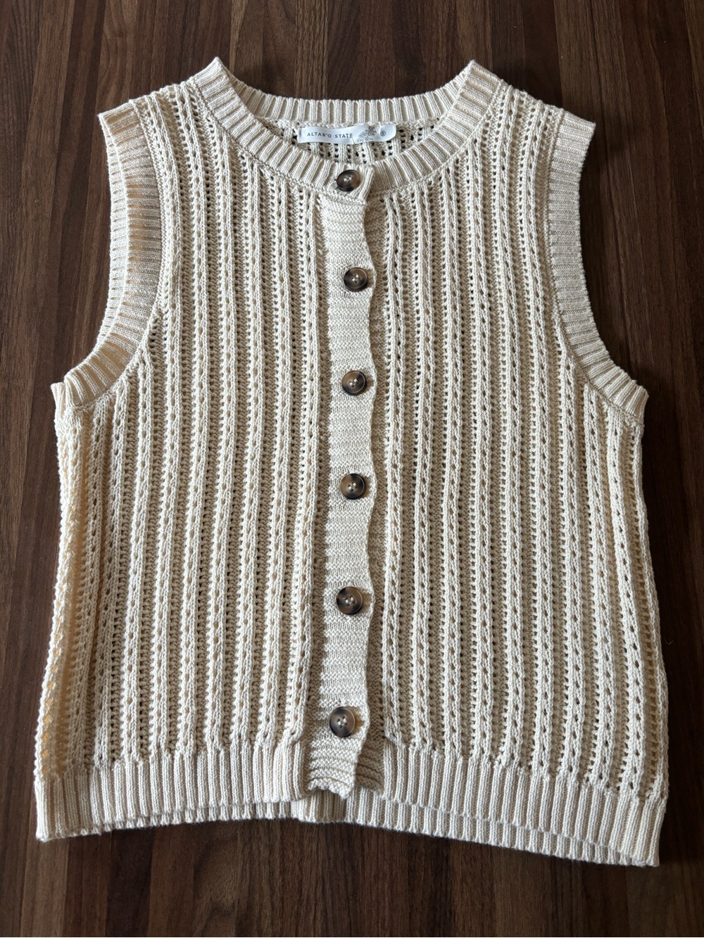 Altar'd State Cream Openwork Knit Button-Front Sweater Vest